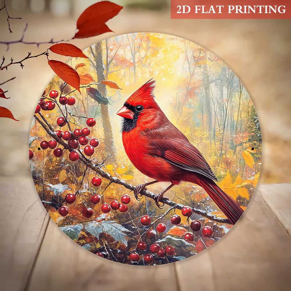2D Flat, 1pc Vintage Cardinal Bird & Red Berries Metal Wall Decor - 7.87-Inch Round Iron Sign Suitable for Indoor/Outdoor, Reali