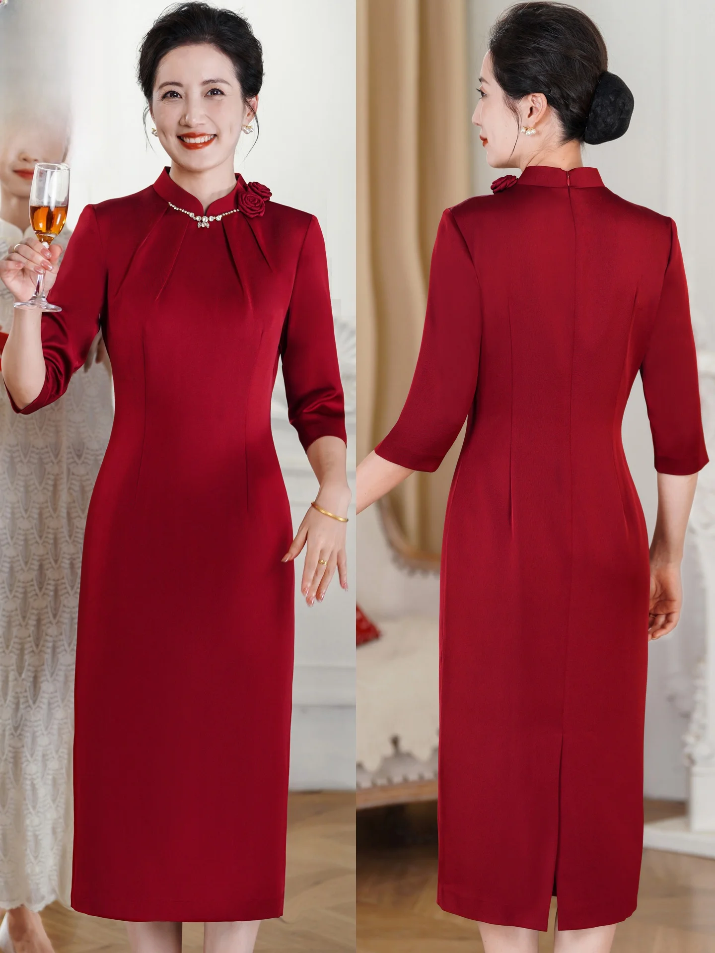 

Ele Acetate Wedding Dr with Beads for Mother of the Bride High Waist Slimming Sle Mid-Length Evening Gown