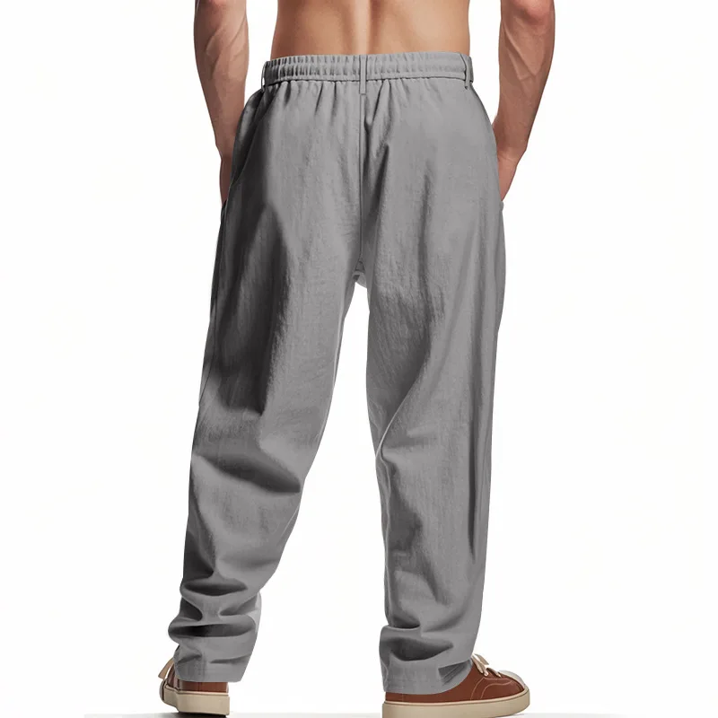 Herren Boho Leinenmischung Weite Hose mit Hoher Taille, Kordelzug, Knopfleiste, Lockerer Passform und Seitentaschen – Detail 6