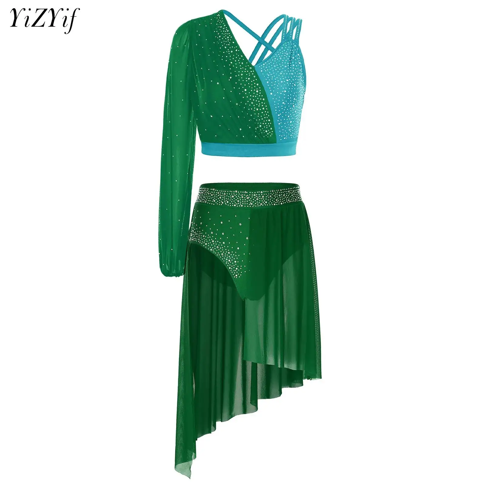 Womens Figure Skating Gymnastics Ballet Dance Outfit Modern Dancewear Shiny Rhinestone One Shoulder Crop Top And Skirt Leotard