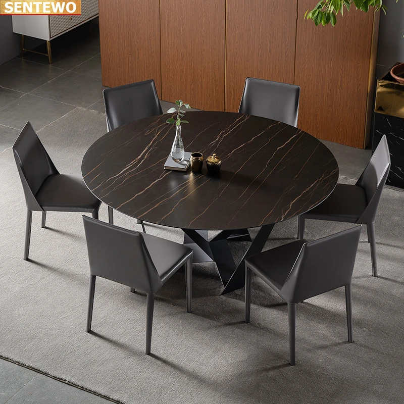 Designer Luxury round dinner room Marble Rock Slab dining table set 6 chairs mesas de jantar furniture Stainless steel gold base