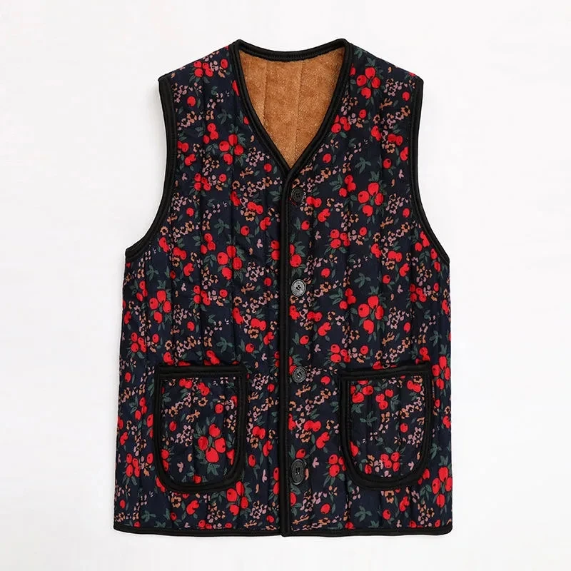 

Autumn Winter Elderly Mothers Add Velvet Padded Ladies Fashion Vest Middle-Aged Loose Cardigan Printing Cotton Vest Women Coat