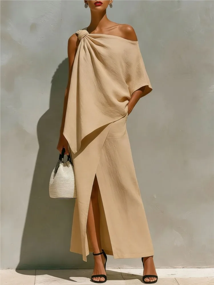 Summer Solid Irregular Two Piece Set Women Off Shoulder Knotted Top & High Slit Maxi Skirt Suit Elegant Casual Vacation Outfits image 2
