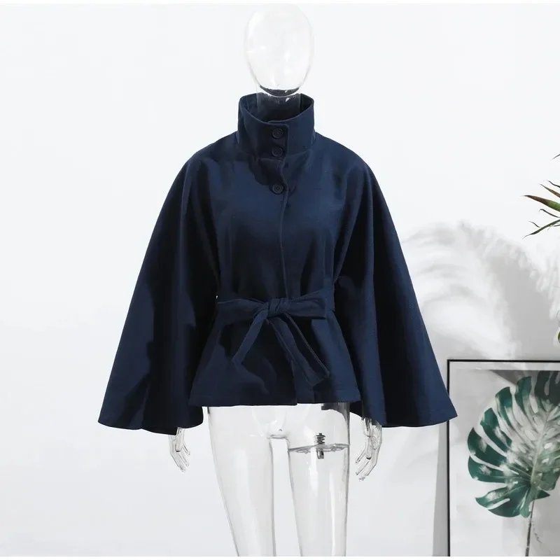 

Women Loose StandNeck Three Button Wide Sleeves Belt Coats Female Spring Fall Solid Chic Fashion Outwears Faux Fur Cloak Jackets