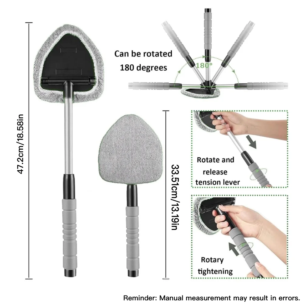 Windshield Cleaning Tool, Car Window Cleaner with 2 Washable Reusable Microfiber Pads, Extendable Long Handle Glass Wiper Cleani