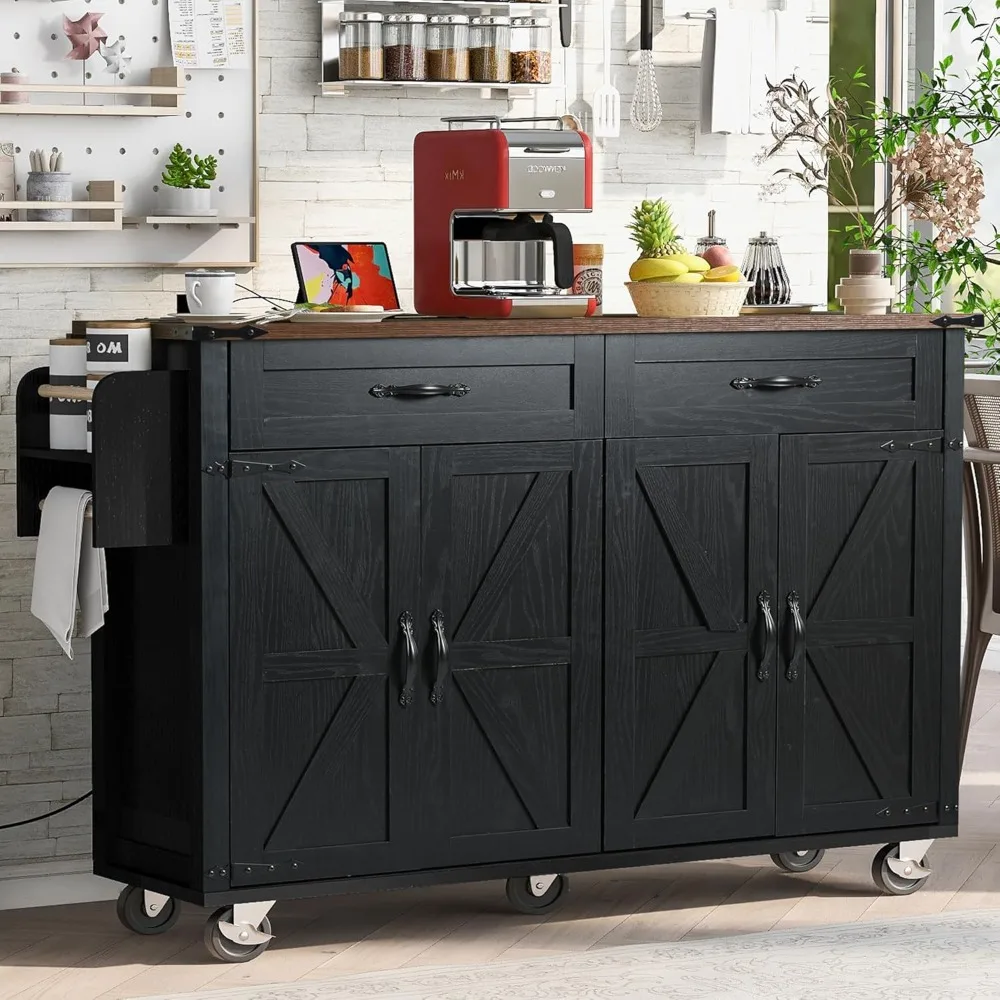 Farmhouse Rolling Kitchen Island with Power Outlet, Drop Leaf Breakfast Bar, Wooden Mobile Storage Island Cart on Wheels