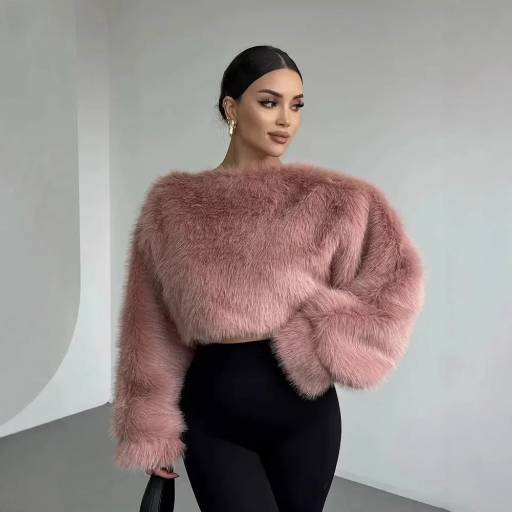 

Women Fashion Cropped Jacket O Neck Long Sleeve Casual Fur Pullover Jacket Female Outerwear Chic Autumn Winter Coat Tops