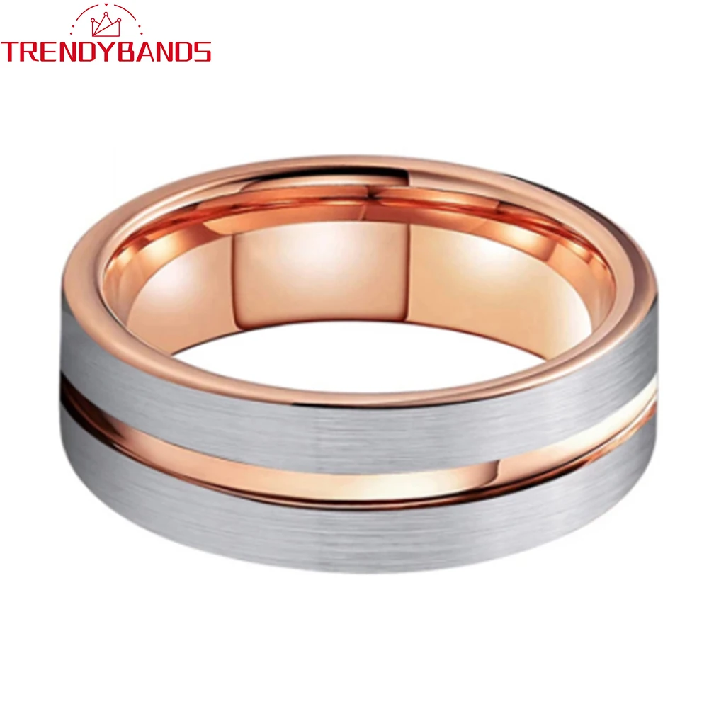 6mm Men\'s Women\'s Rings Tungsten Wedding Band Rose Gold Color With Brushed And Center Grooved Finish Comfort Fit