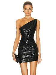 BEVENCCEL 2023 nuove donne estive nero Sexy paillettes scava fuori una spalla senza maniche Mini abito compleanno Cocktail Vestido