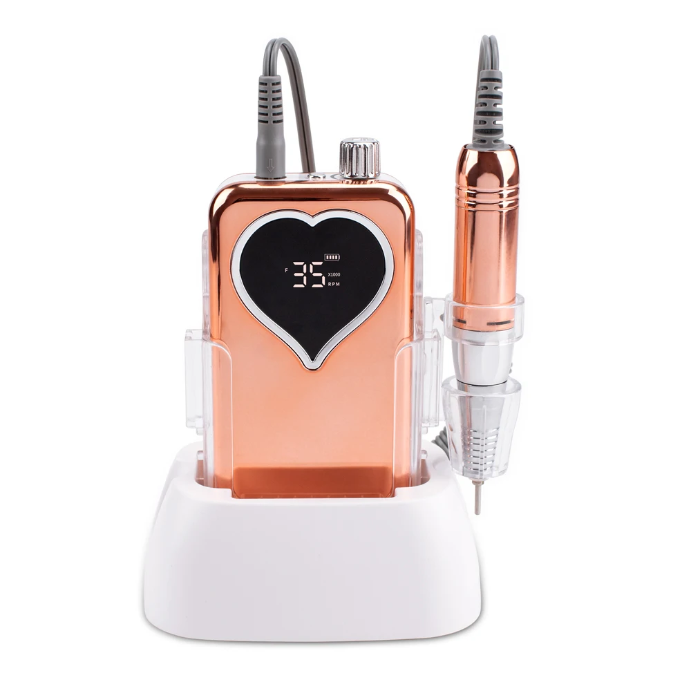 Heart Portable Base Desktop Use Cordless Nail Drill Machine 35000RPM Rechargeable Manicure Electric Nail File Drill Wireless