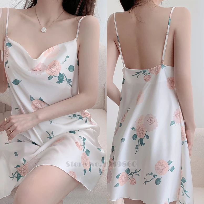 Summer Female Chemise Nightgown Sleepwear Print Flower Nightie Nightwear Sexy Strap Swing Collar Mini Nightdress Satin Home Wear