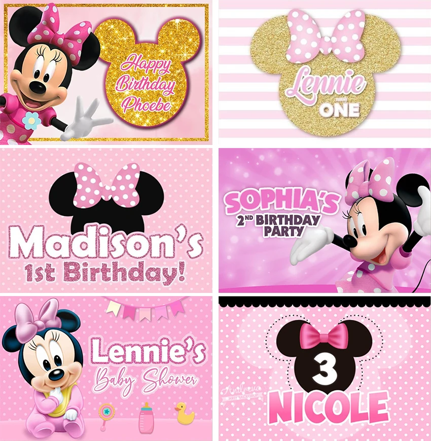 Custom Background Party Backdrops Pink Minnie Mouse Birthday Decorations Children\'s Decoration Photozone Wall Backdrops