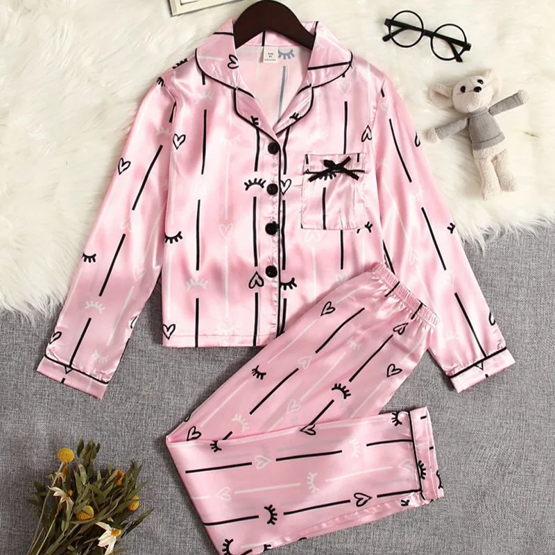 New Spring Girls pigiama Solid Bow Print Faux Silk Sleepwear Set bambini pigiama abbottonato traspirante Set in raso camicia da notte per bambini