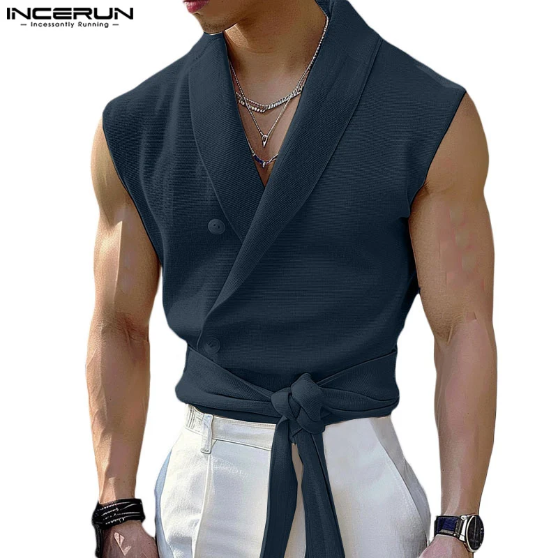 

INCERUN Мужская рубашка, однотонная рубашка без рукавов с лацканами и пуговицами, повседневная мужская одежда на шнуровке, уличная одежда, лето 2021, модные майки S-5XL