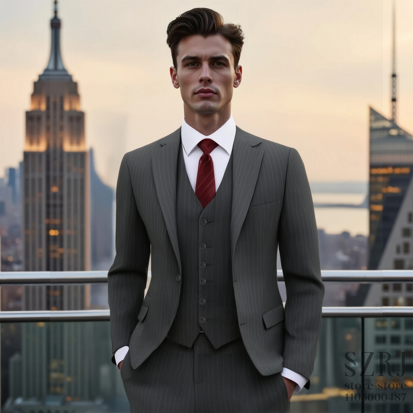 

Мужской костюм-тройка в вертикальную полоску серого цвета — куртка на двойных пуговицах + жилет + брюки, подходит для свадьбы/деловой/днего ношения