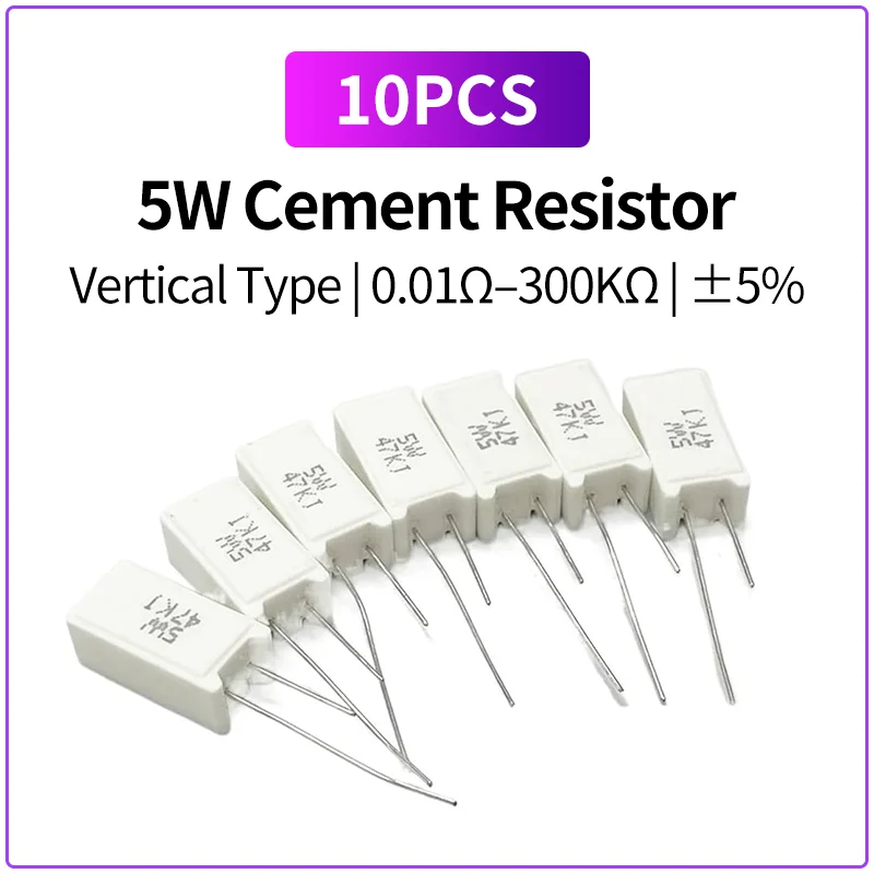 Résistance de ciment verticale 5W, 10 pièces, 0.01R/1R/10R/15/22/4/30/33/47/51/100/330/470/1K/10K/47K ohms, résistance bobinée