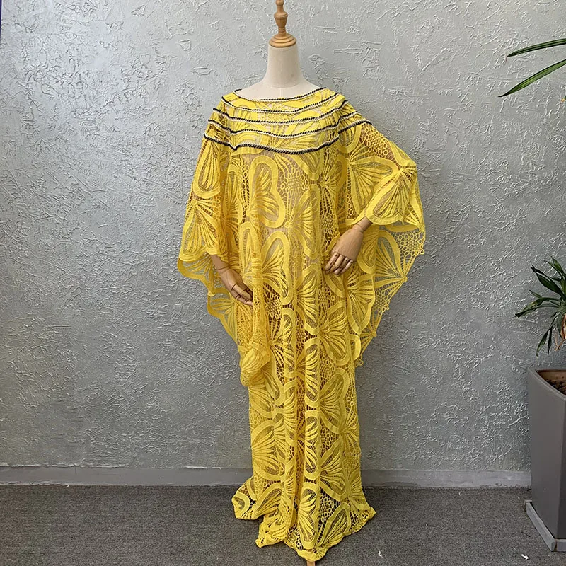 African Dresses For Women Guipure Lace Water Soluble Fabric 2022 Embroidery Muslim Fashion Dashiki Abaya Dubai Boubou Dress