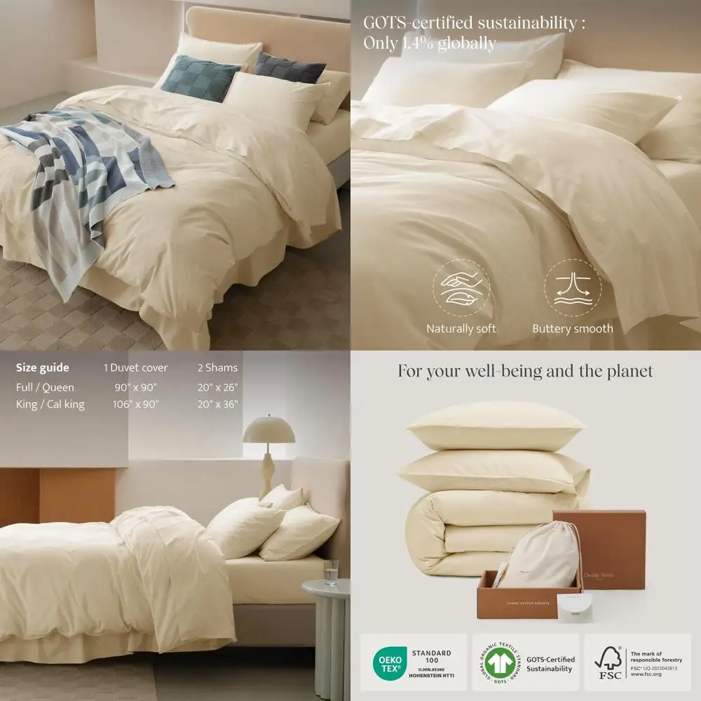 

Luxury Organic Cotton Duvet Cover Set - 3-Piece Queen Bedding, 300 Thread Count Sateen Weave, GOTS Certified