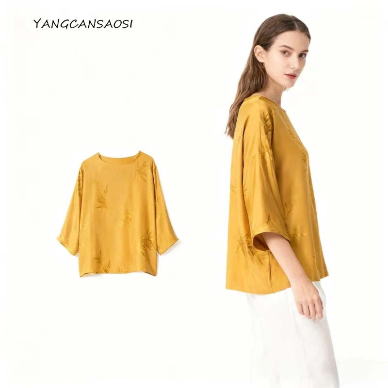 

Женская модная одежда Рыжево-желтая футболка из 100% натурального шелка шелковицы с замком и листьями бамбука, круглый вырез, футболка с рукавами семь четвертей