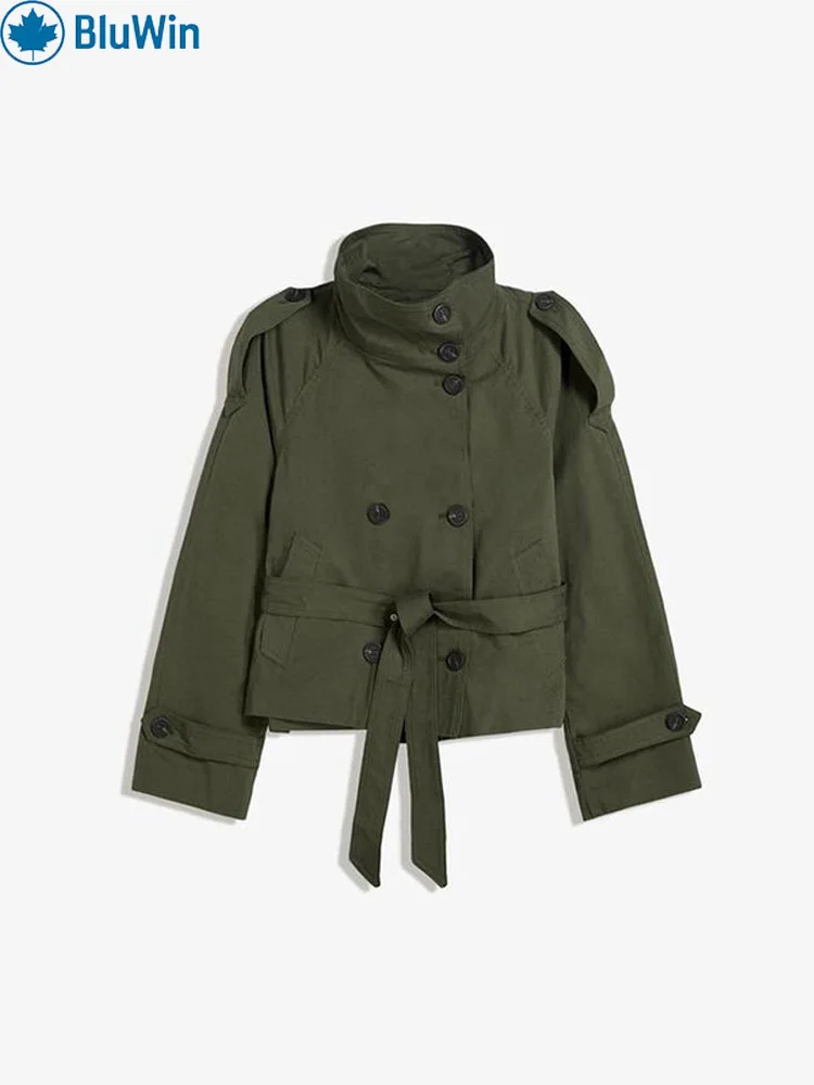 BluWin 3Colors Korean Fashion Cropped Trench Coat Women 2025 Autumn Double Breasted Belted Designer Short Jacket Windbreaker