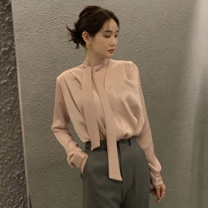 

Весенне-осенняя женская шелковая блузка премиум-класса с V-образным вырезом, завязками на талии, драпировкой, модная, в корейском стиле, свободного кроя, с длинными рукавами, теплая