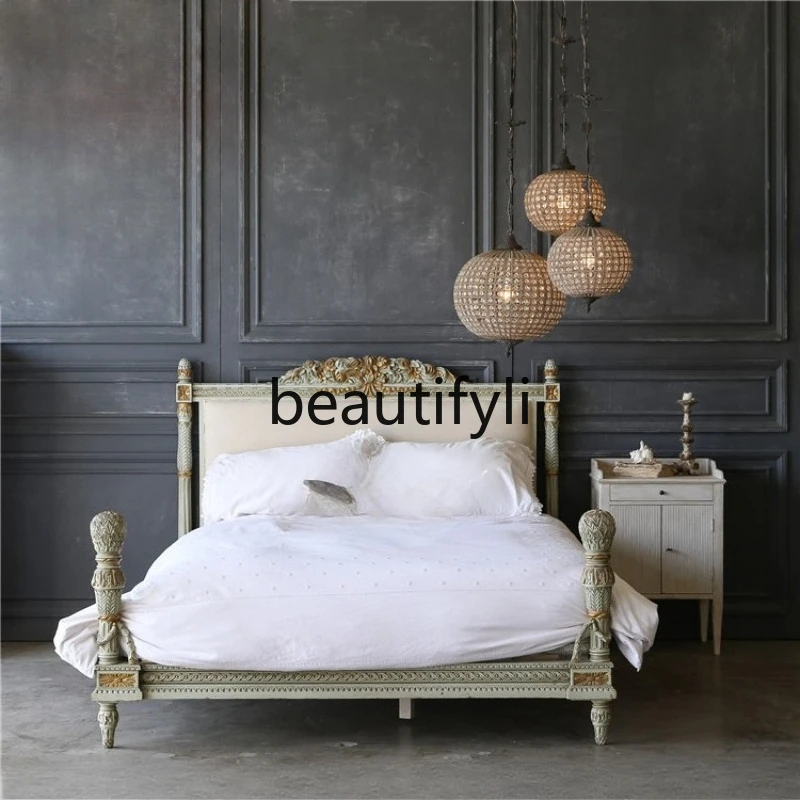 

Французская ретро-кровать из цельного дерева, средиземноморская пасторальная резная винтажная кровать, американская британская антикварная свадебная кровать принцессы