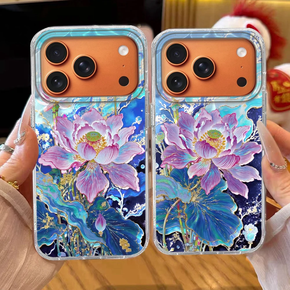 INS Girl Luxus-Handyhülle für iPhone 17 Pro Max Air 16 16e 15 14 13 12 7 8 Plus X XS XR SE 2022 Blaue Lotusblüten-Abdeckung