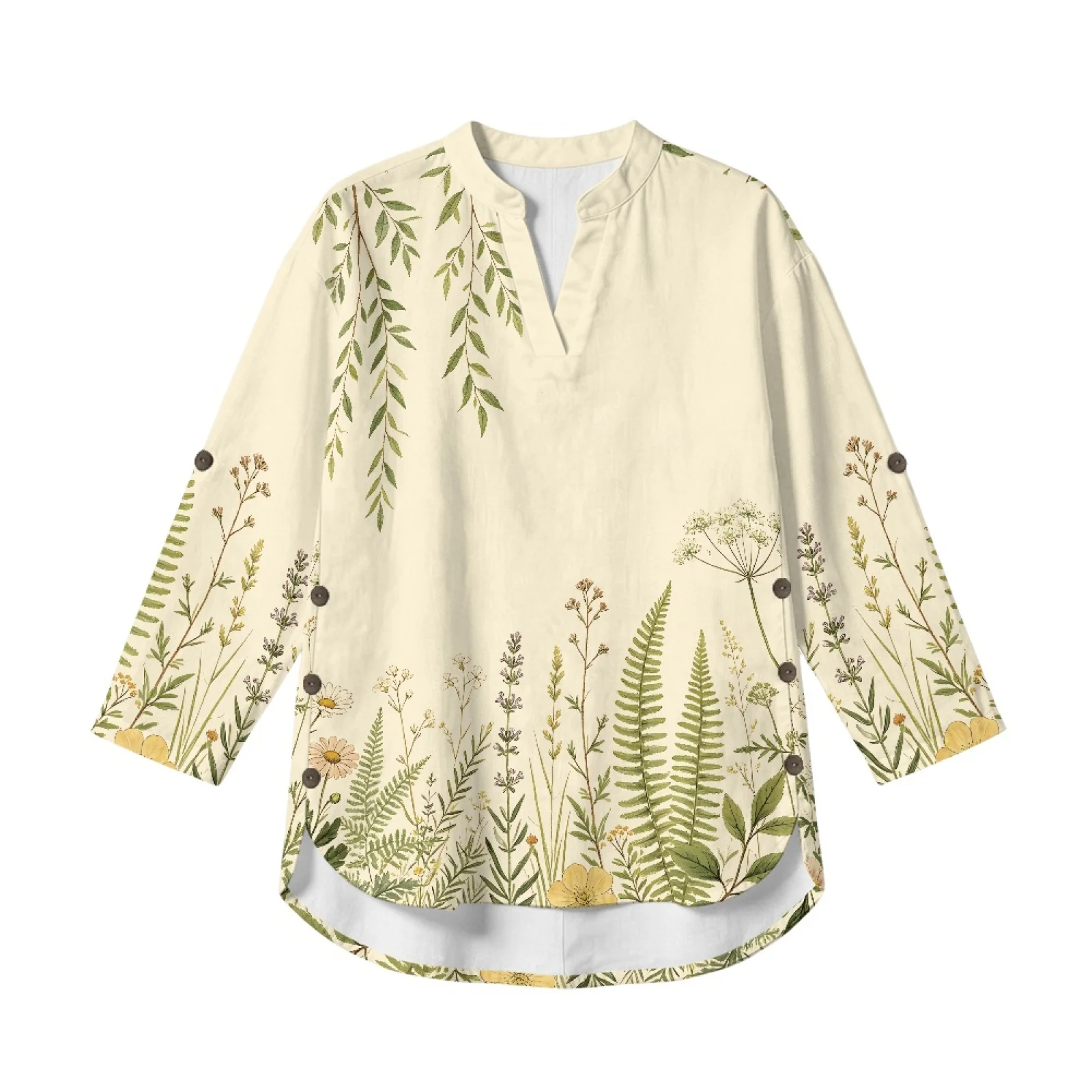 INSTANTARTS Women'S Linen V-Neck Shirt Breathable Long-Sleeved Top Blouse Roll-Up Cuff Lightweight Comfortable Soft Retro Flower view 2