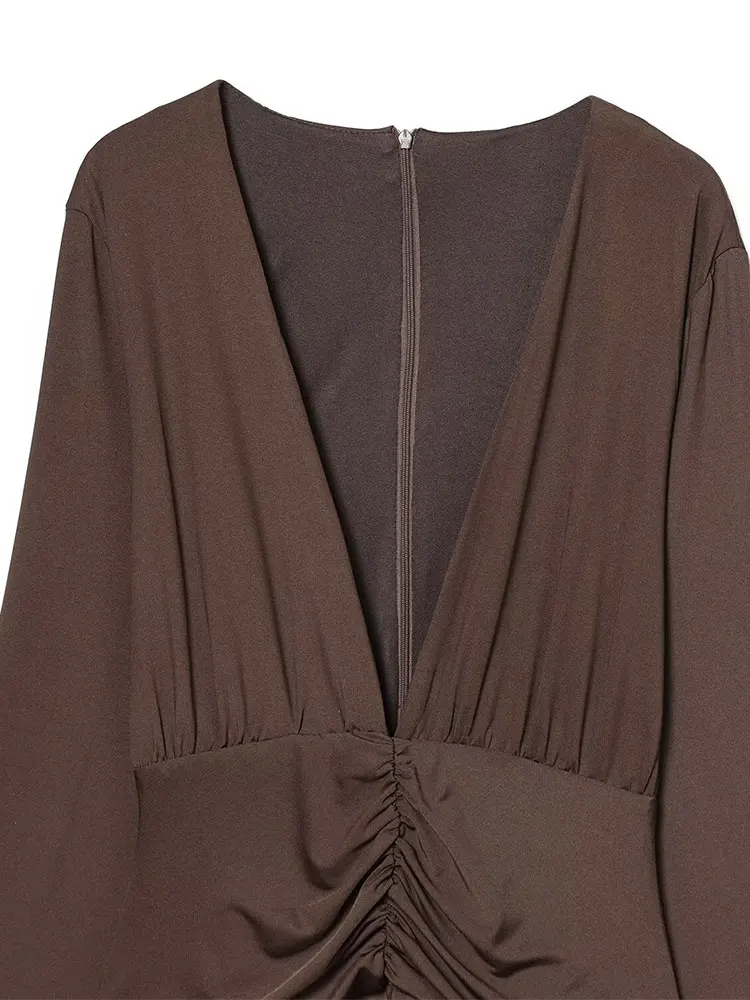 TFAFXY فساتين راقية نسائية 2025 خريف جديد الصلبة مطوي فستان بكم طويل المرأة هايت فستان حفلة الشارع