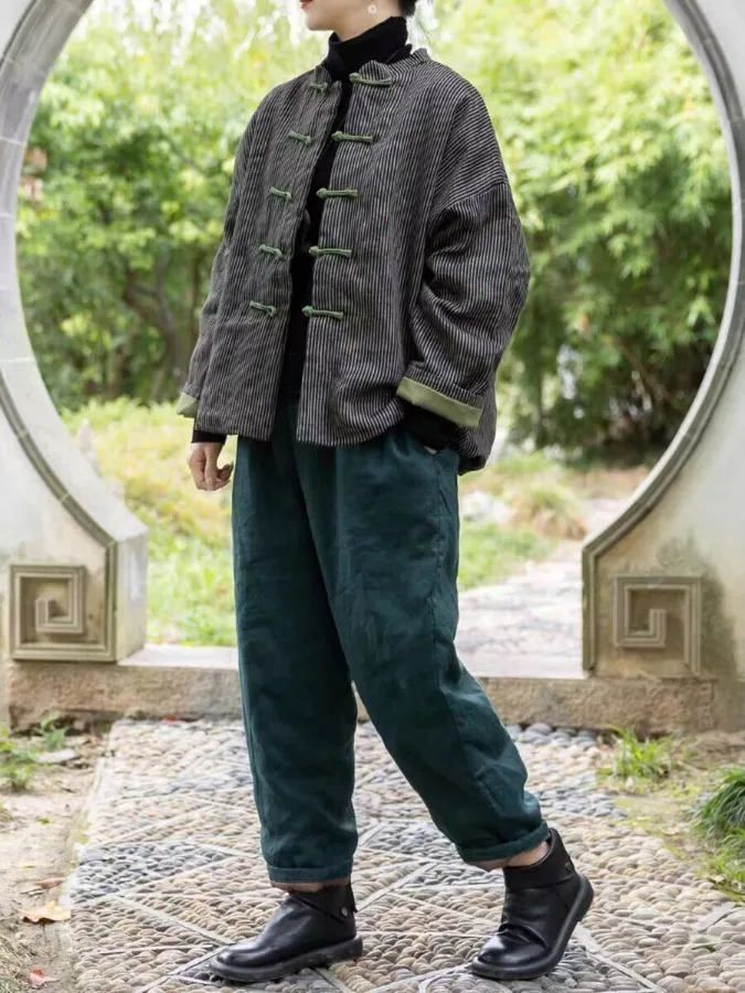 Retro Chinese Cotton Linen Striped Buttoned Thiened Winter Jaet Women's Loose Warm ort Coat Long Sve Stand Collar