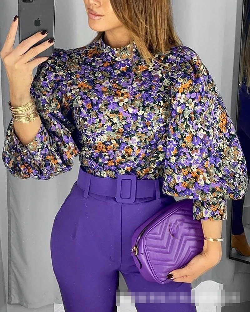 Women's Long Sleeve Printed Top Lantern Style Fashionable Casual Wear Polyester Material Traditional Chinese Ethnic Clothing