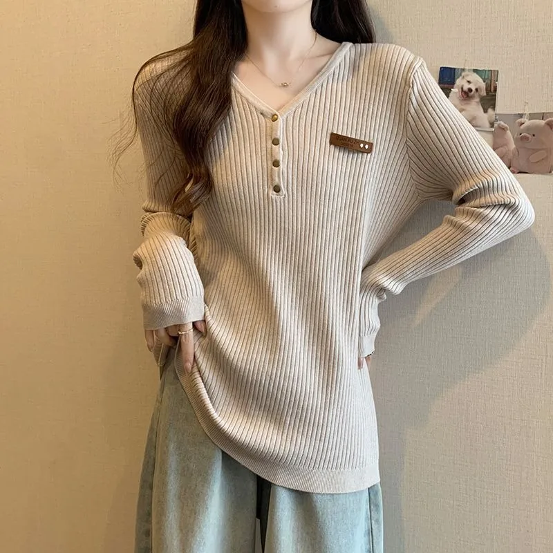 

New Autumn Winter V-neck Sweater Women Loose Fashionable Slim Versatile Long-sleeved Bottoming Knitted Top
