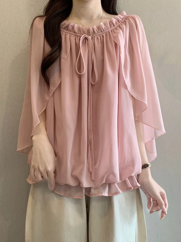 

Pink Shawl Short Sleeve Women's Chiffon Shirt Summer New plus Size Beautiful Small Shirt Super Good Looking Top Korean Style ...