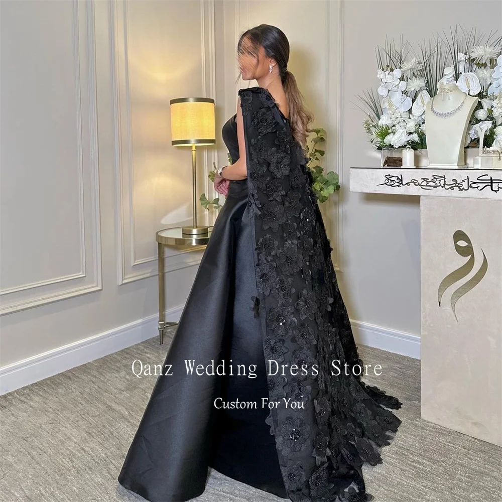 Qanz-longos vestidos de noite com flores e cristais, tecido árabe saudita, vestidos de cetim vintage Prom, Halter Cape, preto, 2024