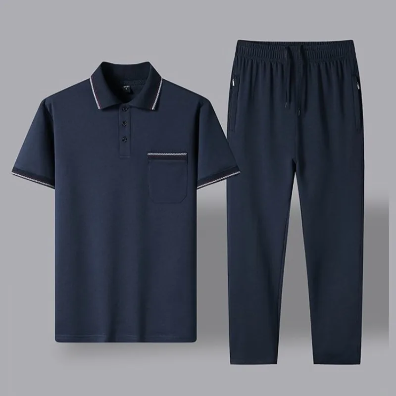 

Футболка-поло с воротником, короткий рукав, повседневный костюм, дышащий комплект для мужчин среднего возраста, не мнущийся, свободный крой