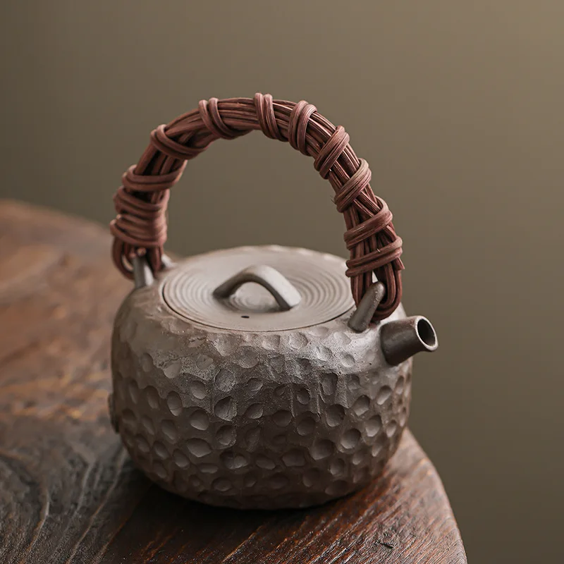 Japanese Ancient Morning Burn Hand Made Rock Mud Rattan Woven Hammer Beam Pot Thick Pottery Teapot Large Capacity Single Pot