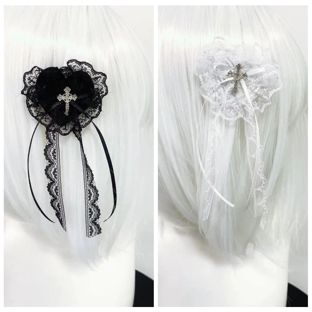 Nun Lolita Punk Cross Hair Grip Subculture Lolita Veil Lace Ribbon Hair Pin Accessories For Women Girl Hair Clip Party Gifts