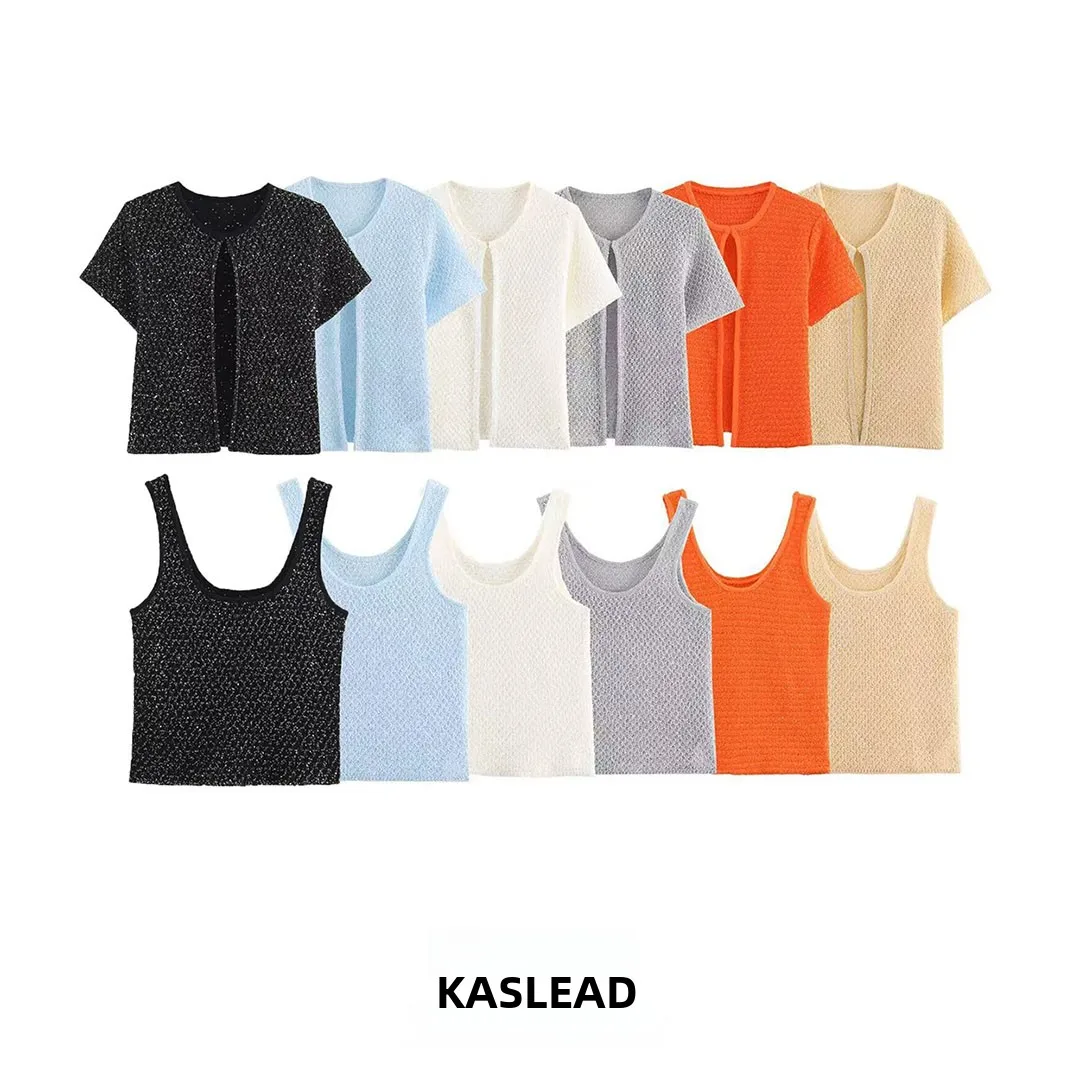 KASLEAD New Women's Metal Color Thread Knitted Jacket Vest Loose Fit Polyester Fiber Short Style Two-Piece Set Summer 2026