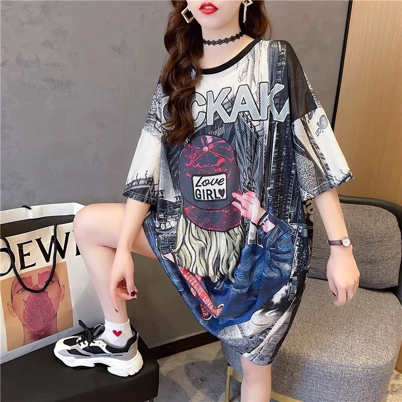 #4202 Sommer T-Shirt Kleid Frauen kurze Ärmel koreanischen Stil schnell trocknende Frauen T-Shirt Kleid übergroße aushöhlen Mini kleid Damen