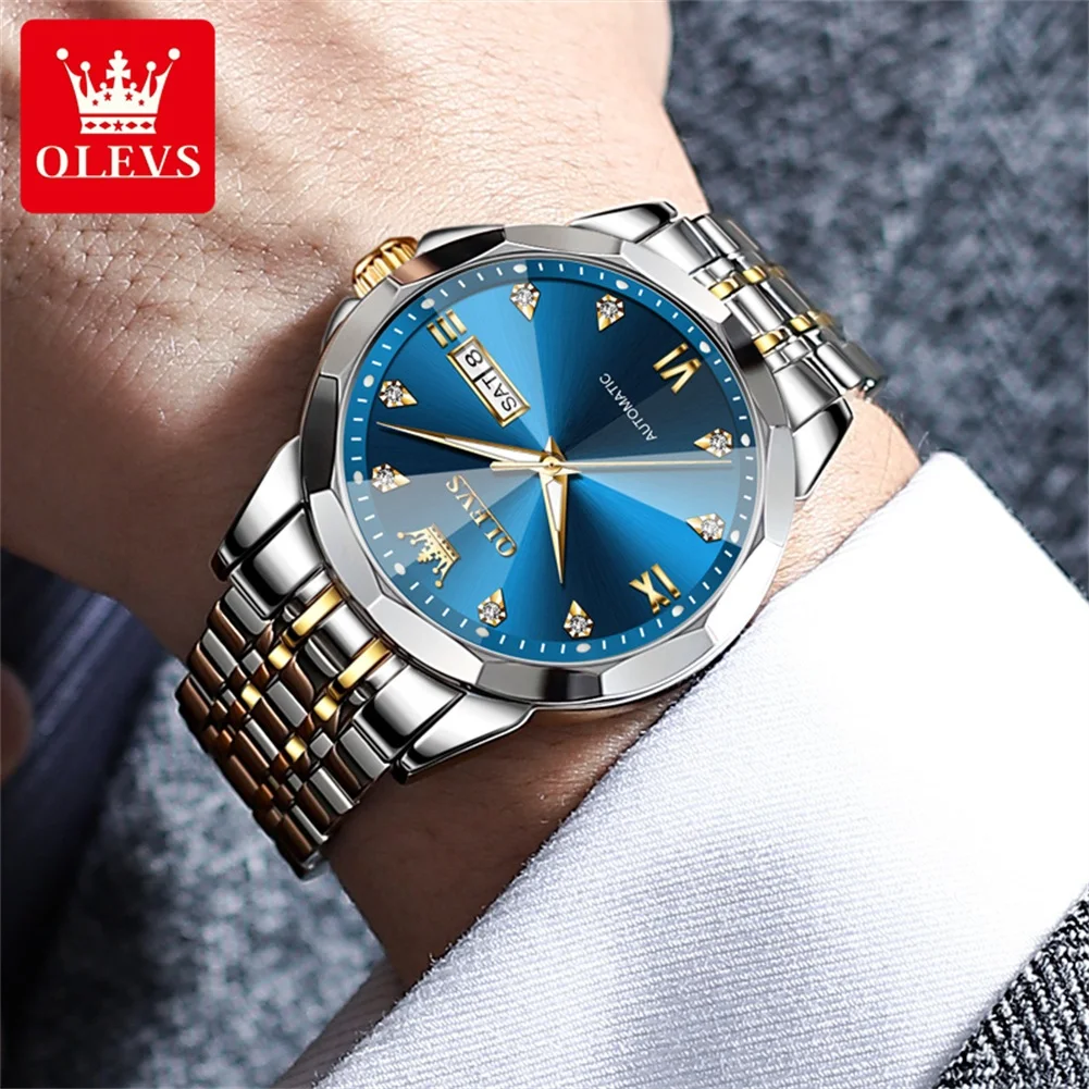 OLEVS 9982 Men\'s Watches Rhombus Mirror Original Automatic Mechanical Watch for Man Waterproof Stainless Steel Wristwatch Male