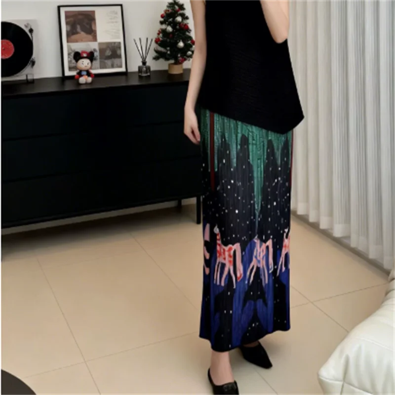 

Плиссированная юбка Miyake 2025: Новинка лета, элегантная, с разрезом, принтованная, приталенная, универсальная, А-силуэт