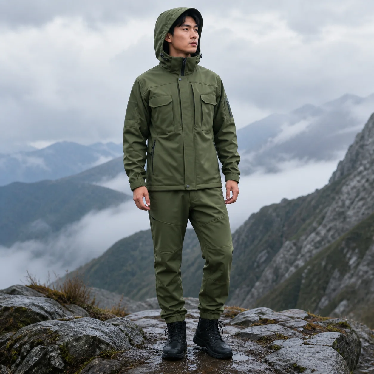 Men's Outdoor Tactical Fleece Lined Jacket and Pants Set Breathable Waterproof Wear Resistant Workwear for Sports and Activities