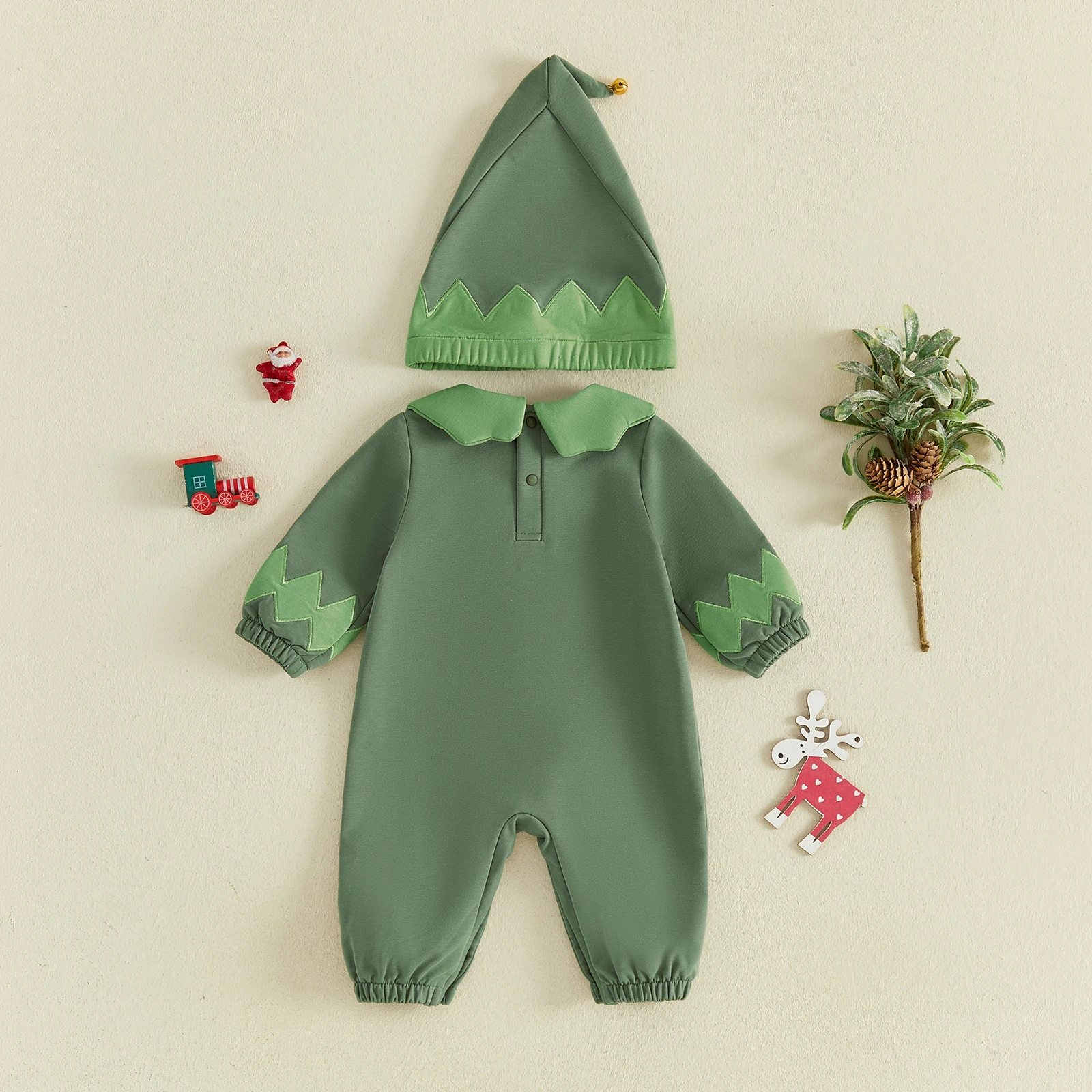 Cute Baby Christmas Elf Costume Romper Long Sleeve Doll Collar Jumpsuit with Hat Xmas Costume