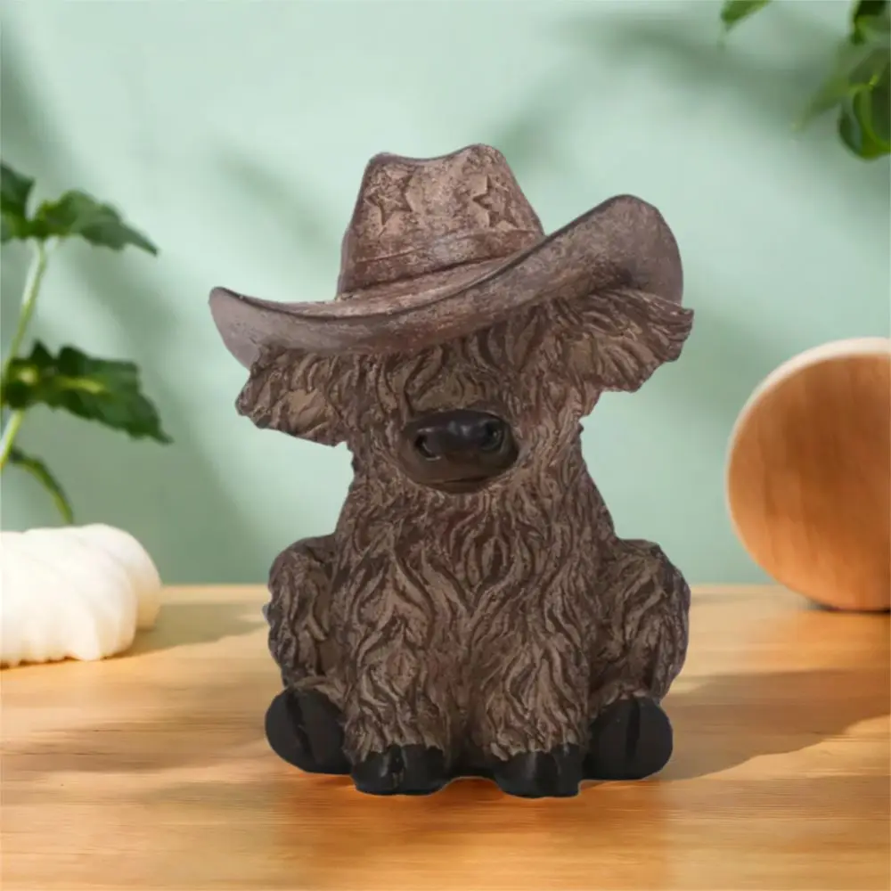 

With Cowboy Hat Highland Cow Figurine Realistic Resin Crafts Highland Bull Statue Rustic Animal Sculpture Home Living Room