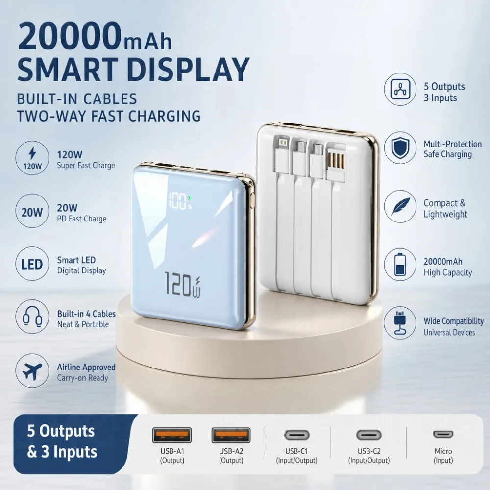 20000mAh Power Bank Built-in Cables 120W Fast Charging  Portable Charger USB-C Dual Port Powerbank for iPhone Samsung