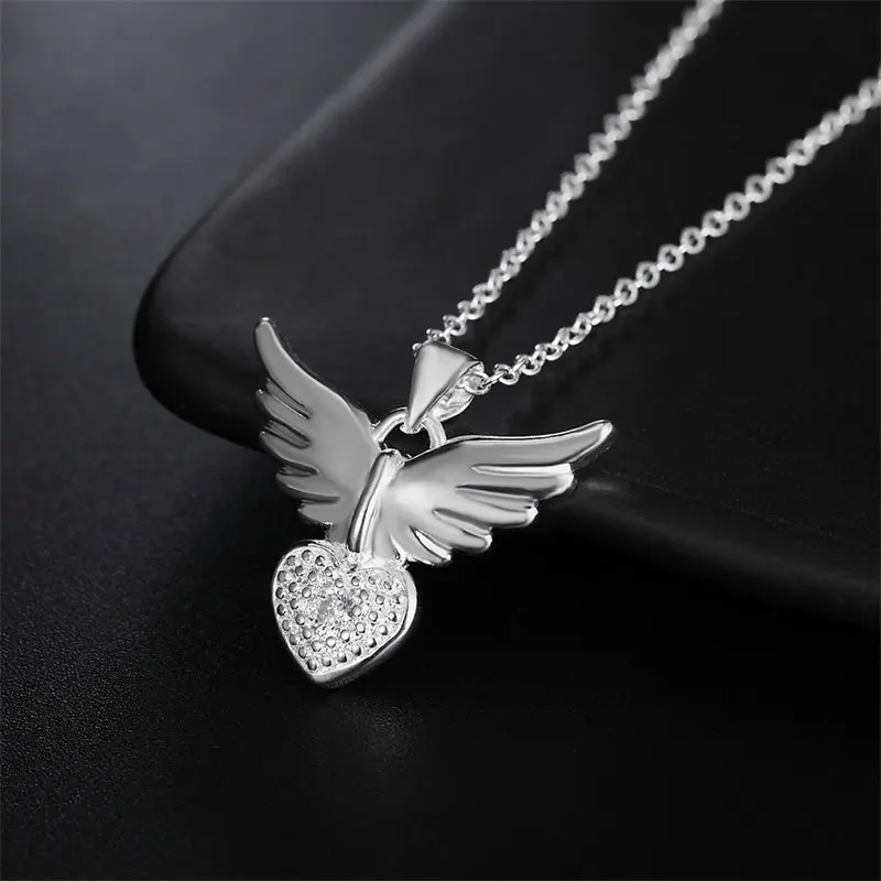 

Fashion 925 Sterling Silver 18-24 Inches Fine Heart Zircon Wings Necklace For Charm Women Wedding Gift Jewelry Party