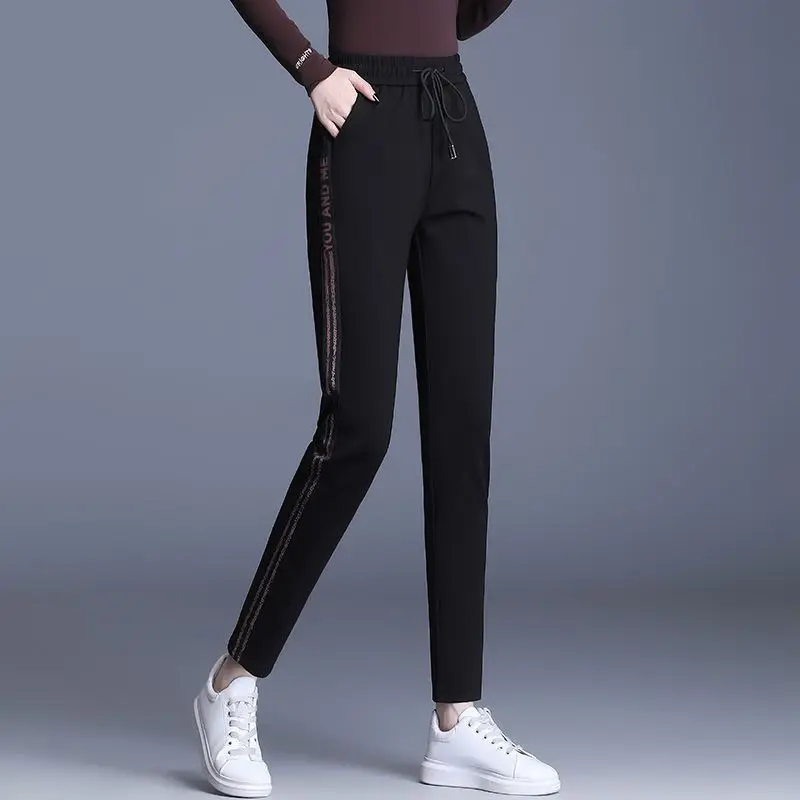 Fashion Women Solid Pencil Sweat Pants Spring Autumn Korean New Lace-up High Waist Elastic Pocket Slim Casual Straight Trousers