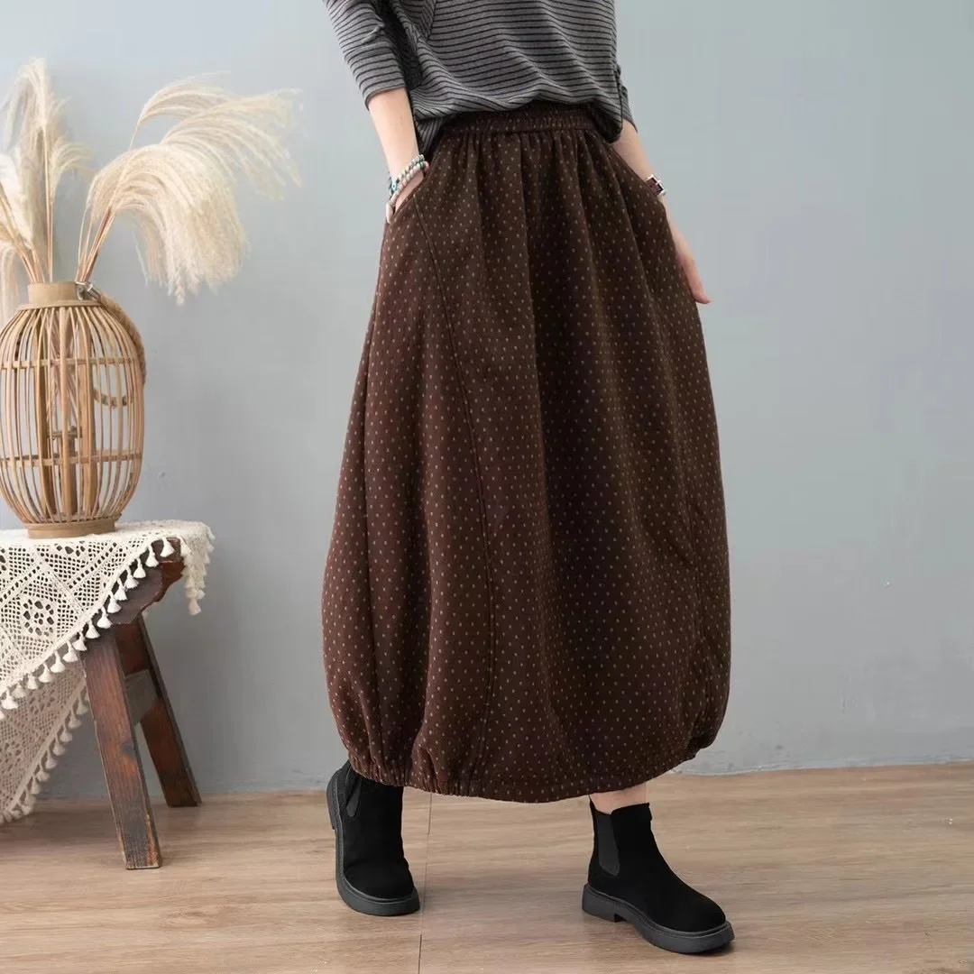 Careaymade New Autumn Winter Print Cotton Skirt Women Elastic Waist Thick Warm Long Skirts Female Loose Vintage Skirts