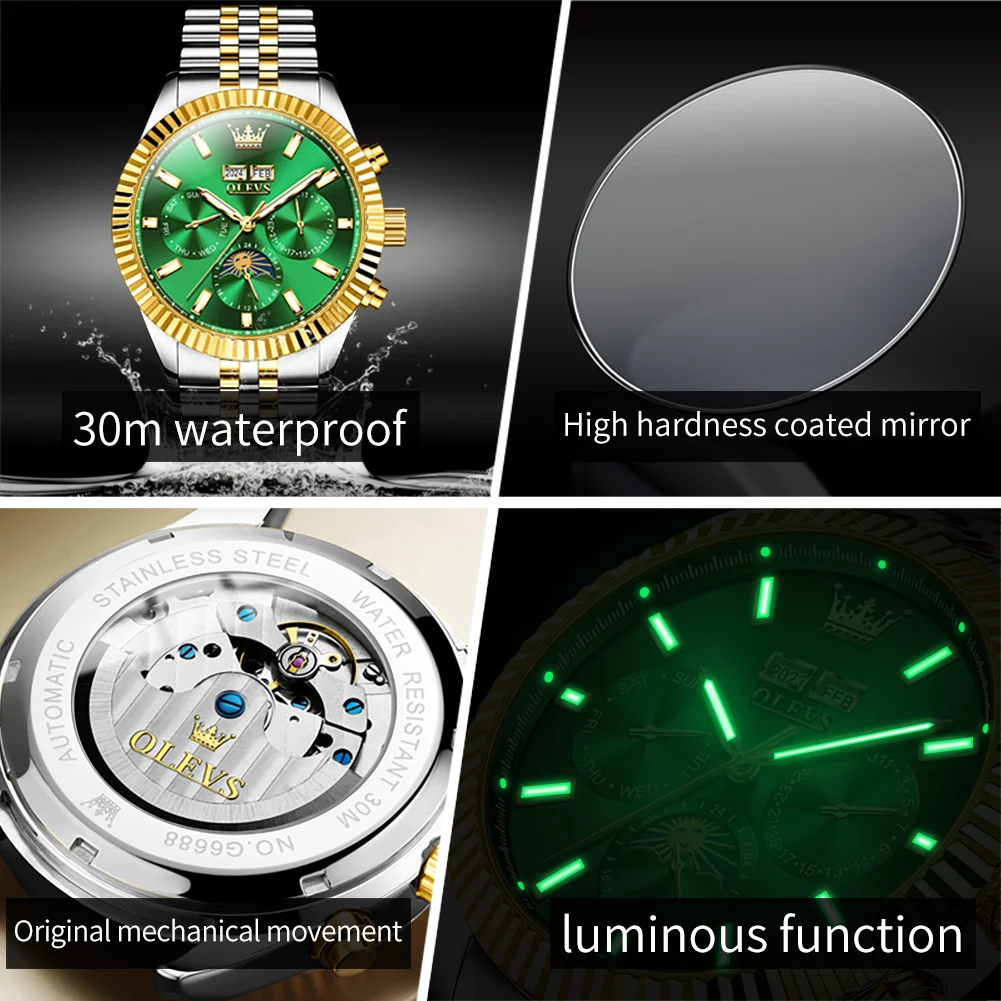 OLEVS 6688 Automatic Mens Watches Stainless Steel Waterprof Moon Phase Dual Calendar Luxury Brand Original Mechanical Wristwatch