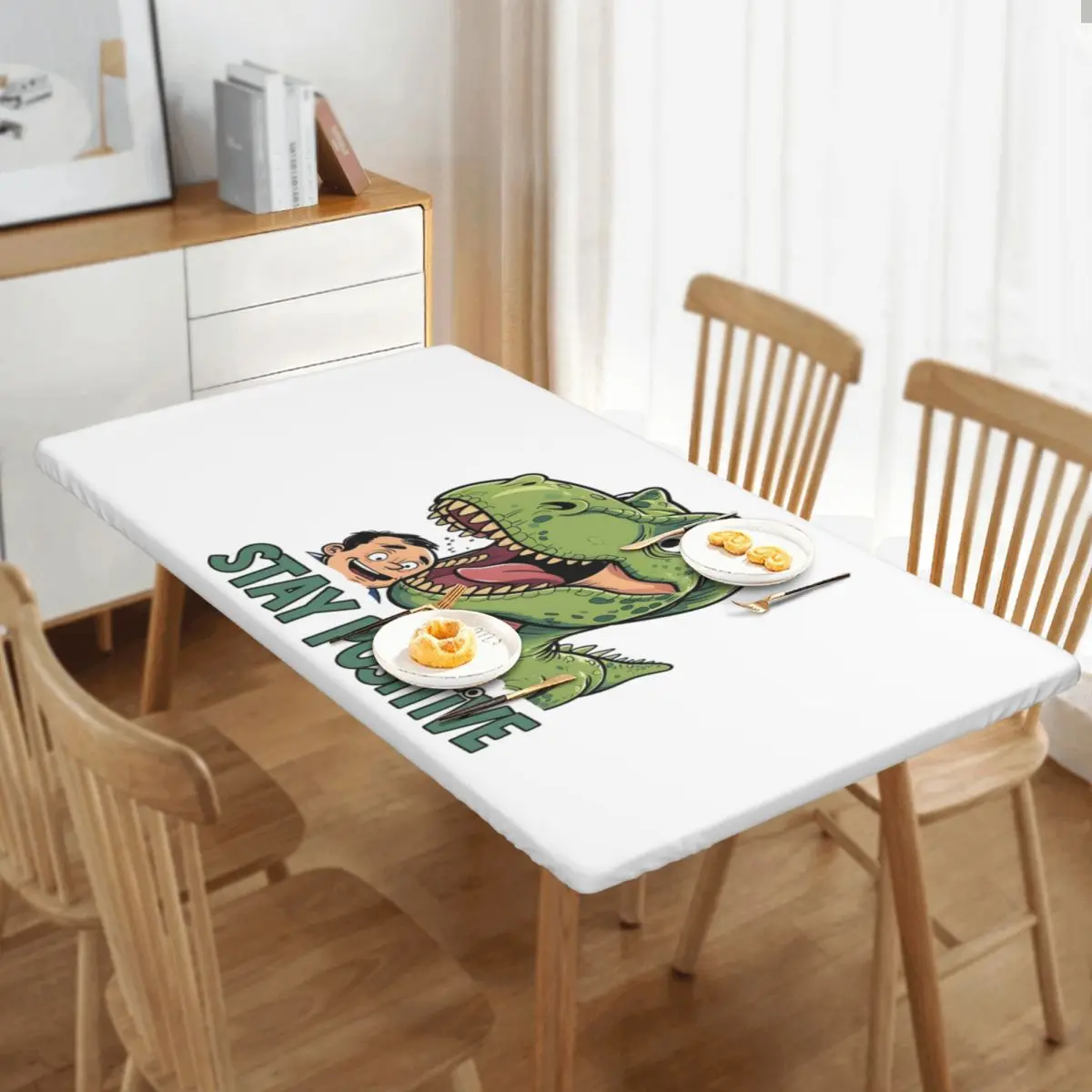 Stay Positive Funny T-Rex Dinosaur Sticker Custom Rectangular Tablecloth Oilproof Table Cover for Dining Events Table Cloth